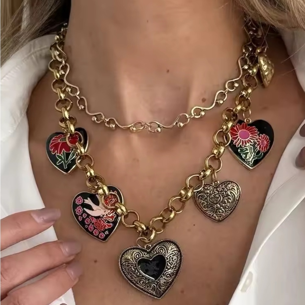 Gold Enamel Flower Heart Charm Layer Necklace